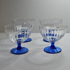 Set Of 4 Italian Cobalt Blue Stem Clear Ribbon Sorbet Dessert Wine Glasses